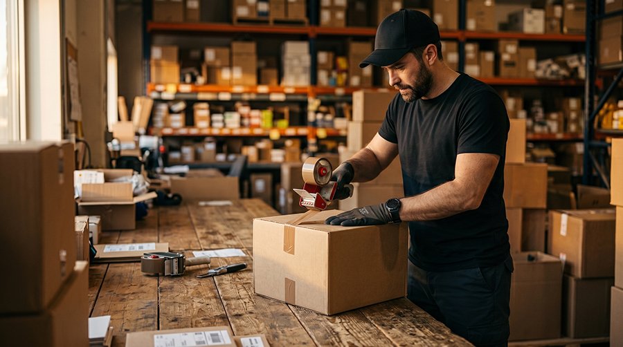 Miembro del equipo DLX revisando un paquete en la bodega